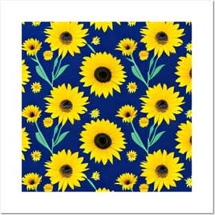 Pattern of yellow daisies on a navy blue base Posters and Art